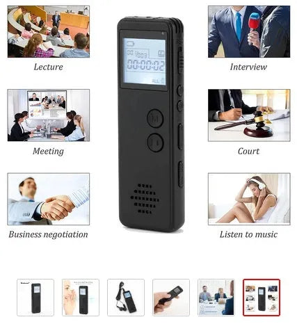 Black digital voice recorder with screen, measuring 88mm long, for MP3 recording with noise reduction.