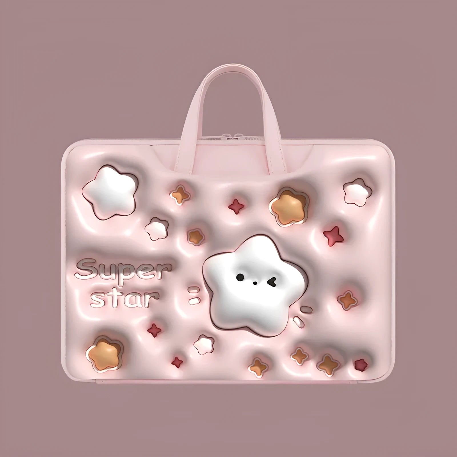 Inflatable PU leather laptop bag in a cartoon panda design with shoulder strap, shown hanging from a suitcase.