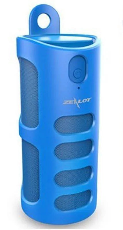 Black wireless Bluetooth speaker showing dimensions and call control buttons.
