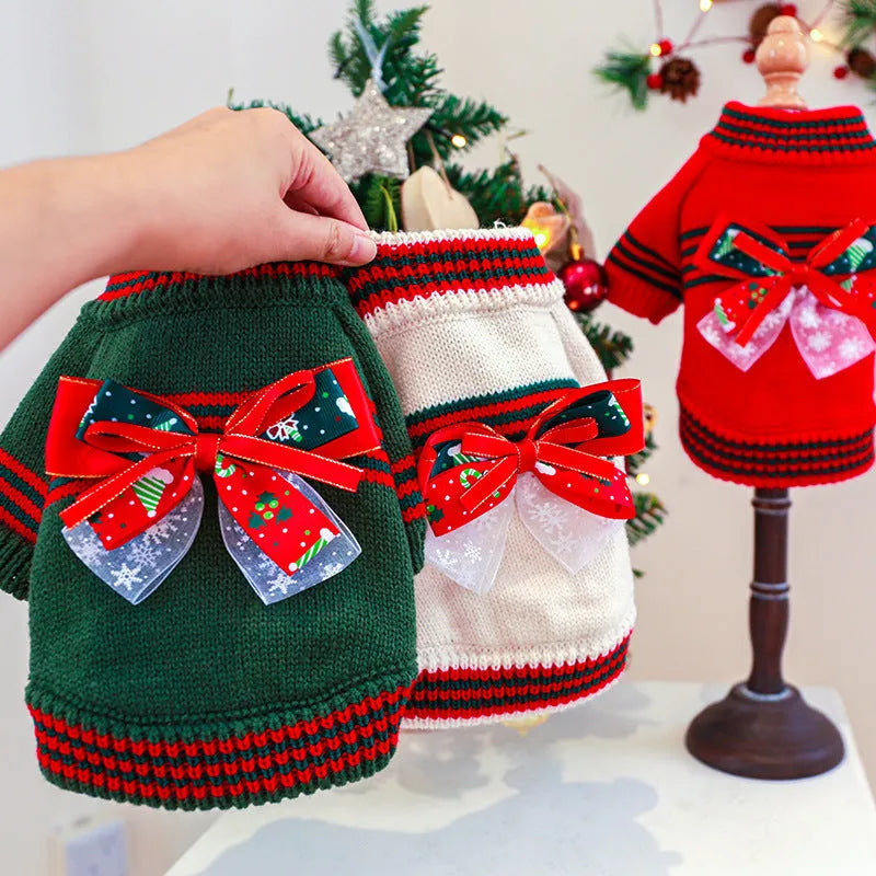 Red and green polyester dog Christmas jumper shown in sizes XS, S, M, L, and XL for dogs 1kg to 9kg.