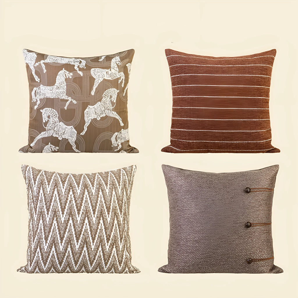 Chinese style geometric pattern feather velvet sofa pillow in Maillard colours, 45cm square.