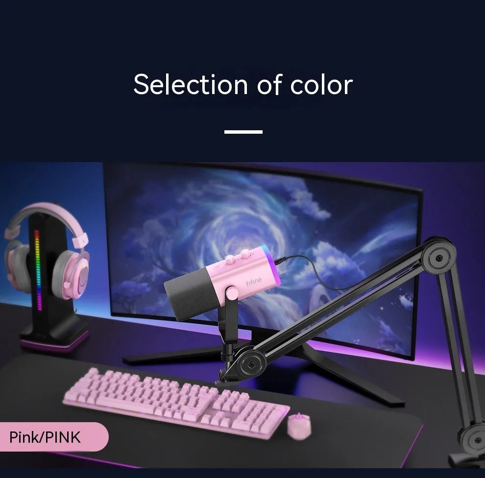 Dynamic noise reduction microphone in black colour with XLR cable, USB cable, and black desk base bracket.