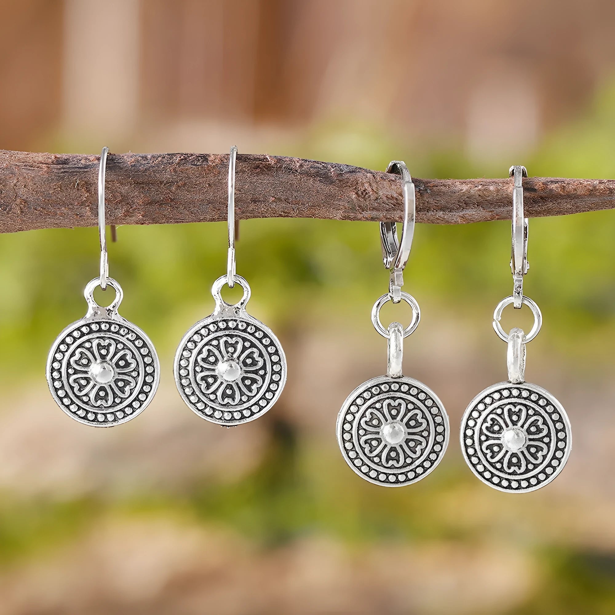 Bohemian retro geometric earrings with distressed ethnic detailing and round print design in zinc alloy