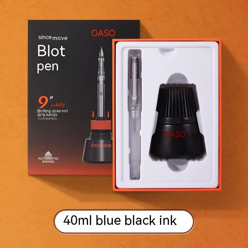 Student automatic suction pen set with plastic shell, 0.5mm or 0.38mm tip options, and 40ml ink feeder