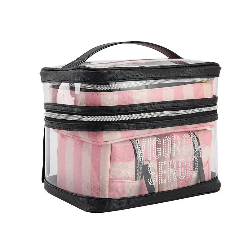 Pink bold stripes flower pattern makeup bag with waterproof synthetic leather and folding compartments