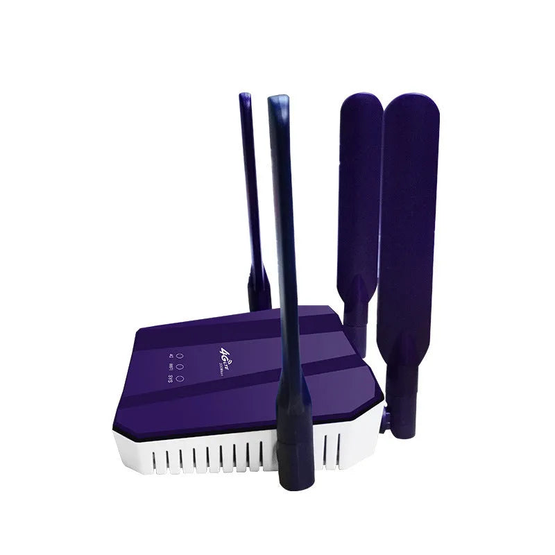 Blue dual-mode 4G and wired router with four extended antennas on a desk