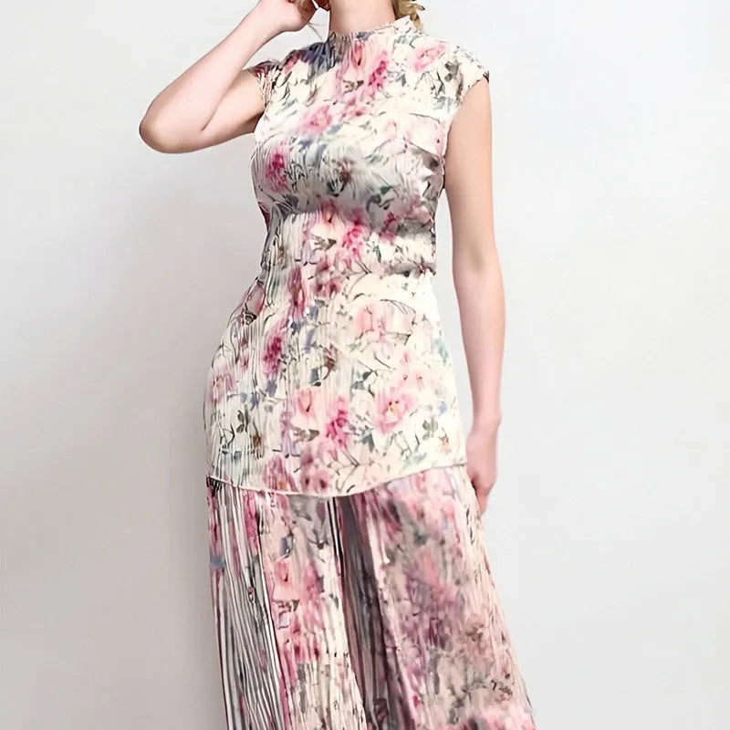 Long sleeve printed chiffon dress with high waist and matching top in a picture colour pattern.