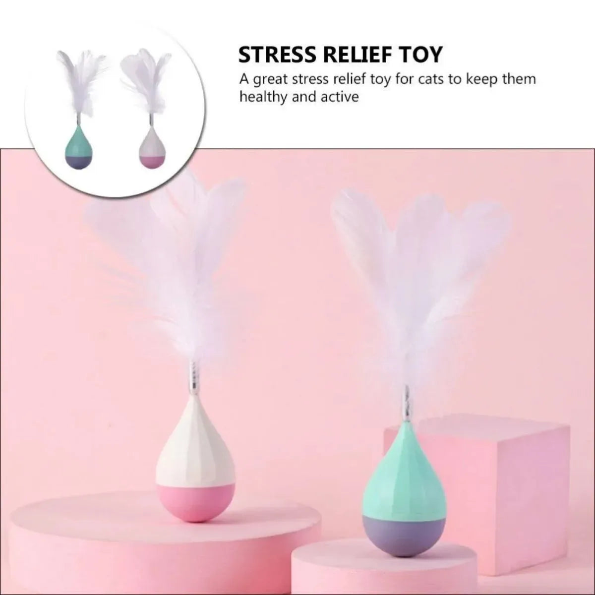 Feather tumbler cat toy with ABS stick and goose feather attachment in green colour