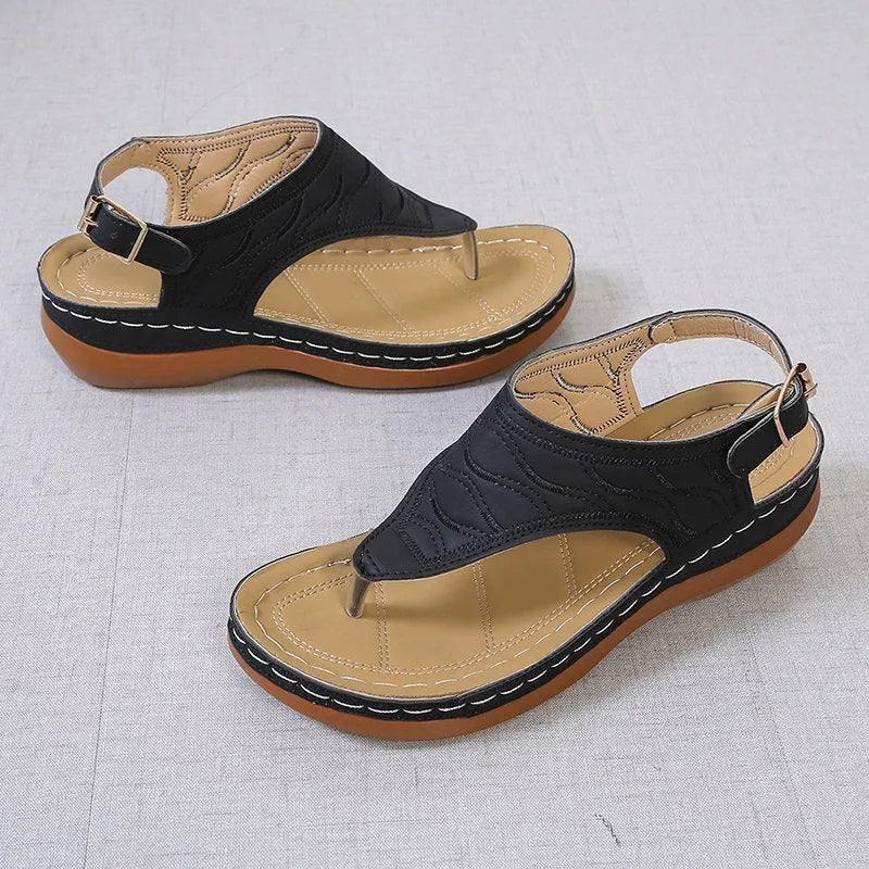 Women's wedge heel flip flop sandals with adjustable buckle strap in solid colours