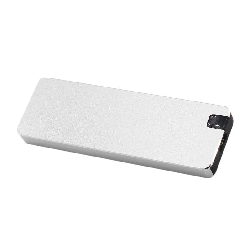 White metal portable SSD hard drive with USB cable showing compact 3.2cm design
