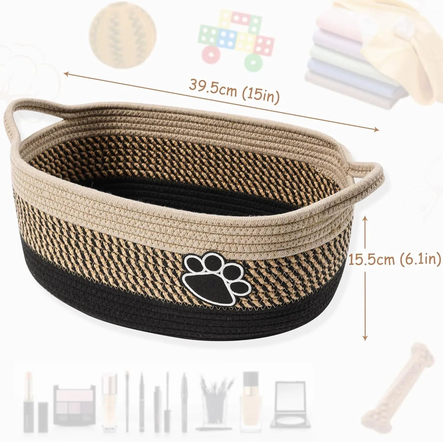 Light beige handmade cotton rope storage basket with wooden details and a handle.