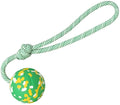 Natural rubber dog ball attached to a nylon rope for interactive fetch and tug-of-war play