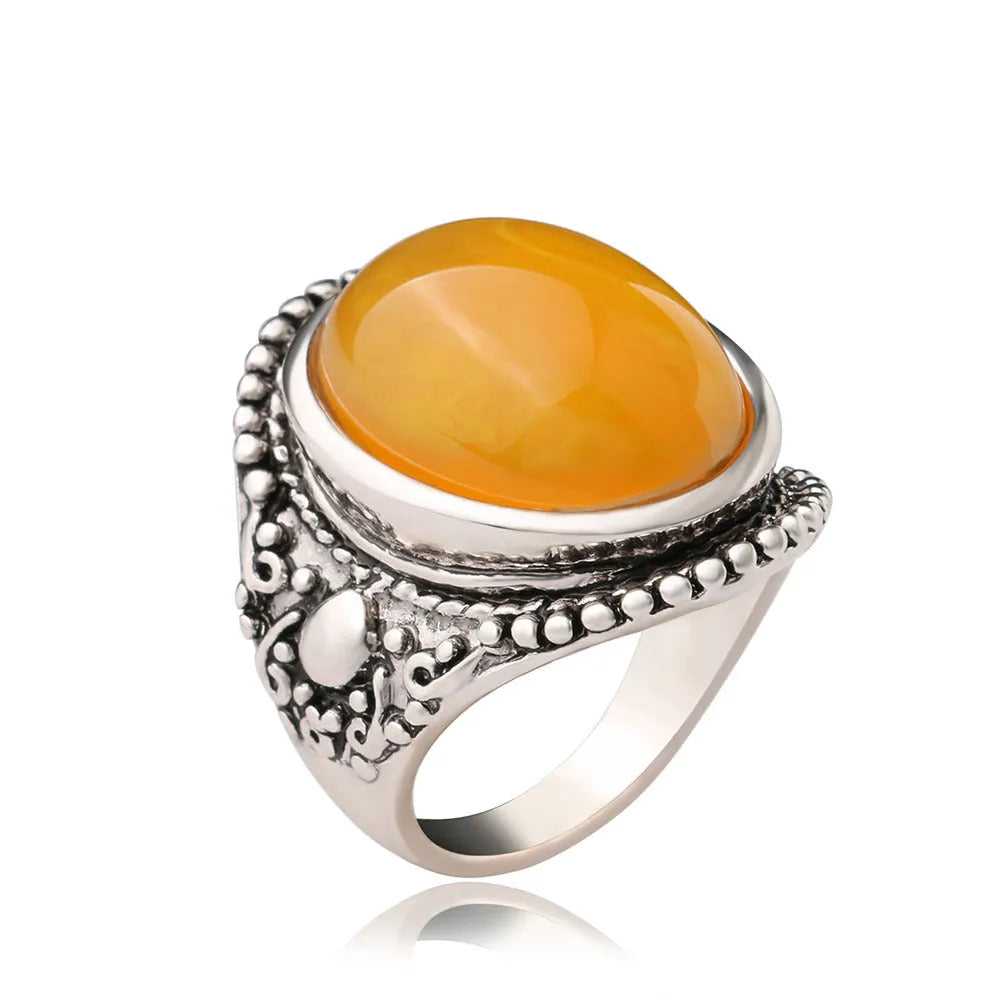 Fluorescent beeswax alloy plating ring in antique silver amber colour with geometric retro design