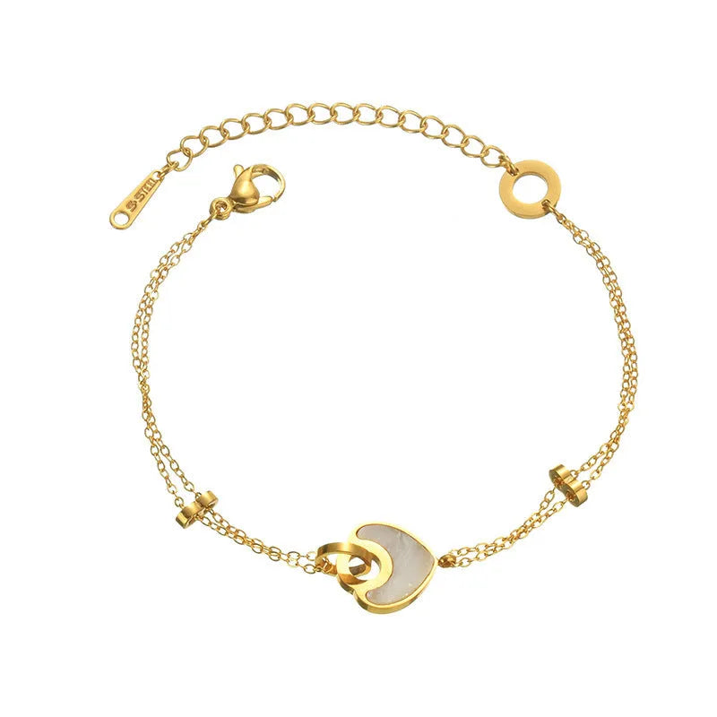 Women's stainless steel resin bracelet with double-layer heart design and electroplated metallic finish