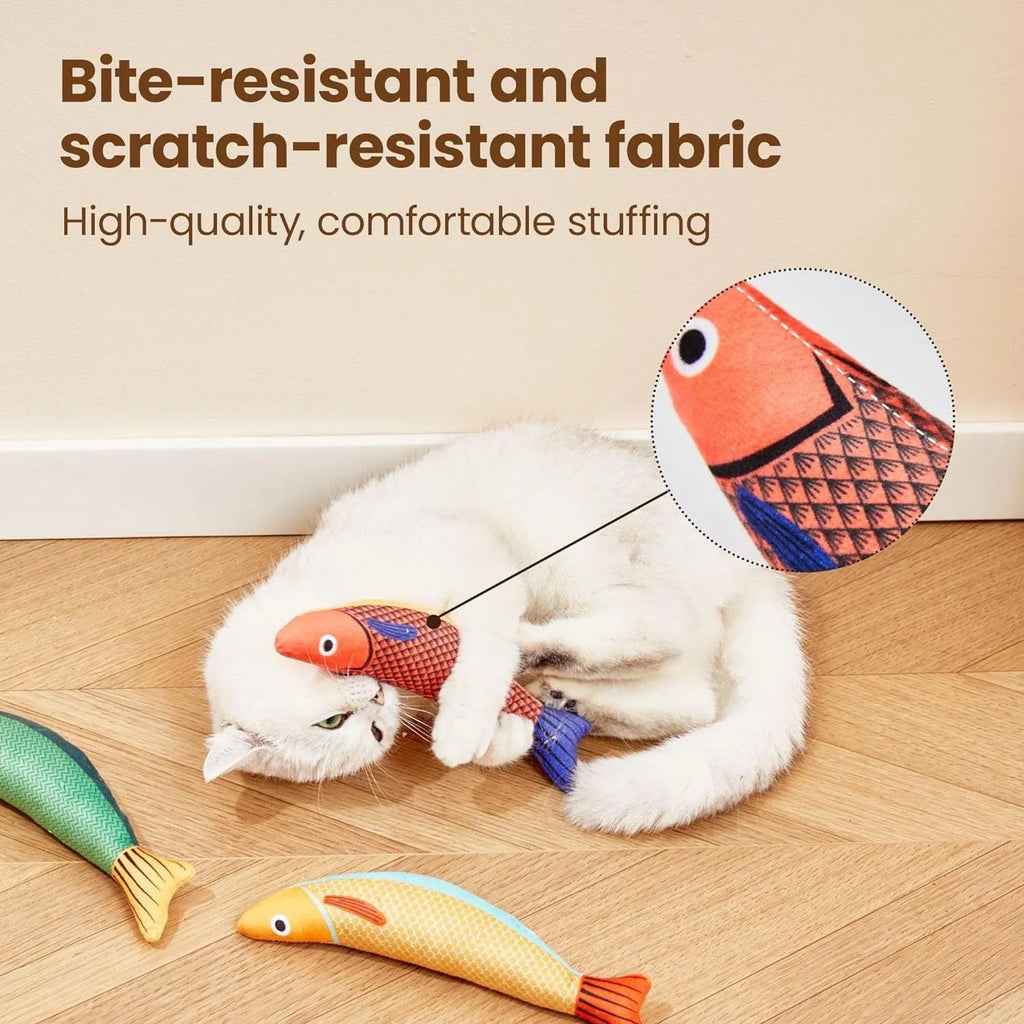 Soft plush saury fish cat kicker toy with organic catnip filling in green, orange, or yellow colours