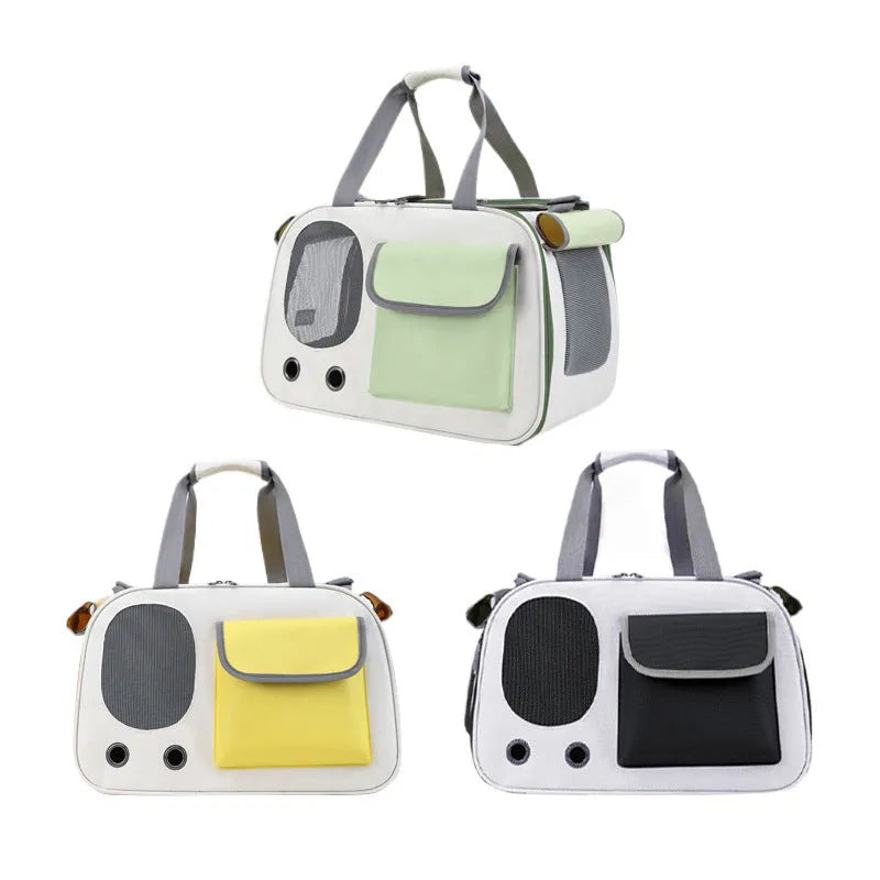 Foldable canvas pet bag with single shoulder strap in black, green or yellow colour