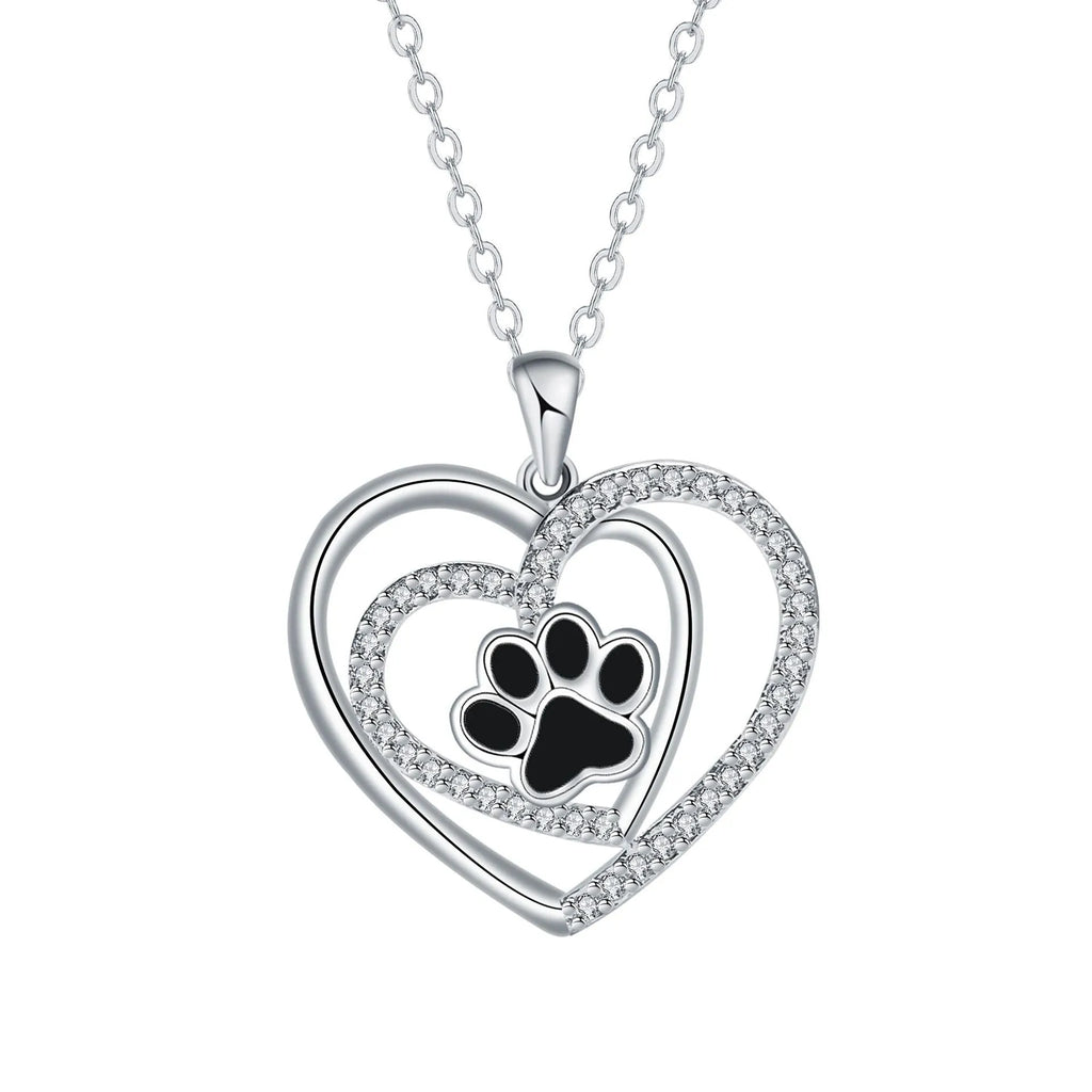 Women's dog paw print heart necklace on cross chain, electroplated copper construction