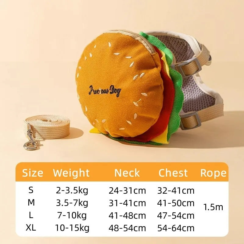 Cartoon hamburger design adjustable escape-proof vest and leash set for cats and dogs on a grey background.