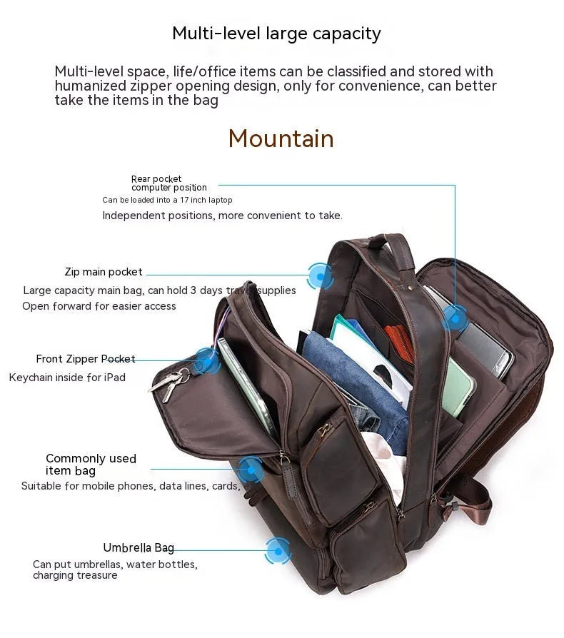 Dark brown retro genuine leather backpack for men, open to show laptop compartment and internal organisers.