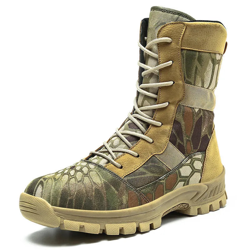 Plus size men's high-top martin boot style shoes in black and camouflage with mesh construction and totem detailing