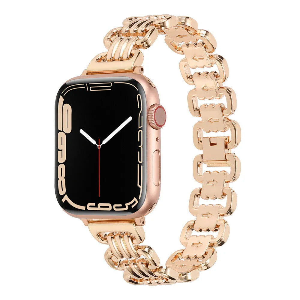 Silver alloy metal bracelet for an Apple watch on a wrist, showing the connector and band detail.