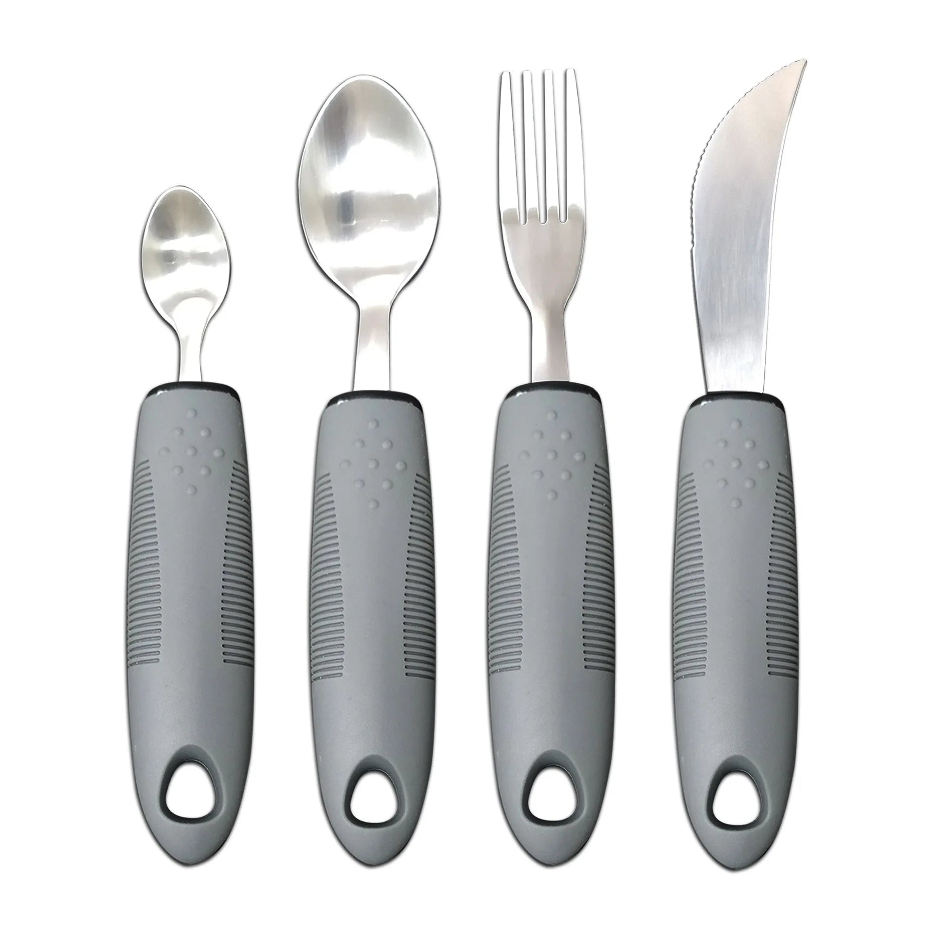 Anti-shake adaptive tableware set with stainless steel utensils and rubber handle grips