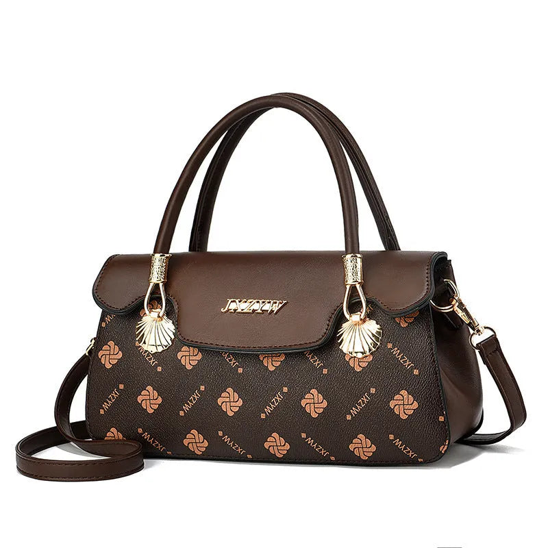 Vintage letter-printed women's cross-body handbag in brown PU with single shoulder strap and polyester lining