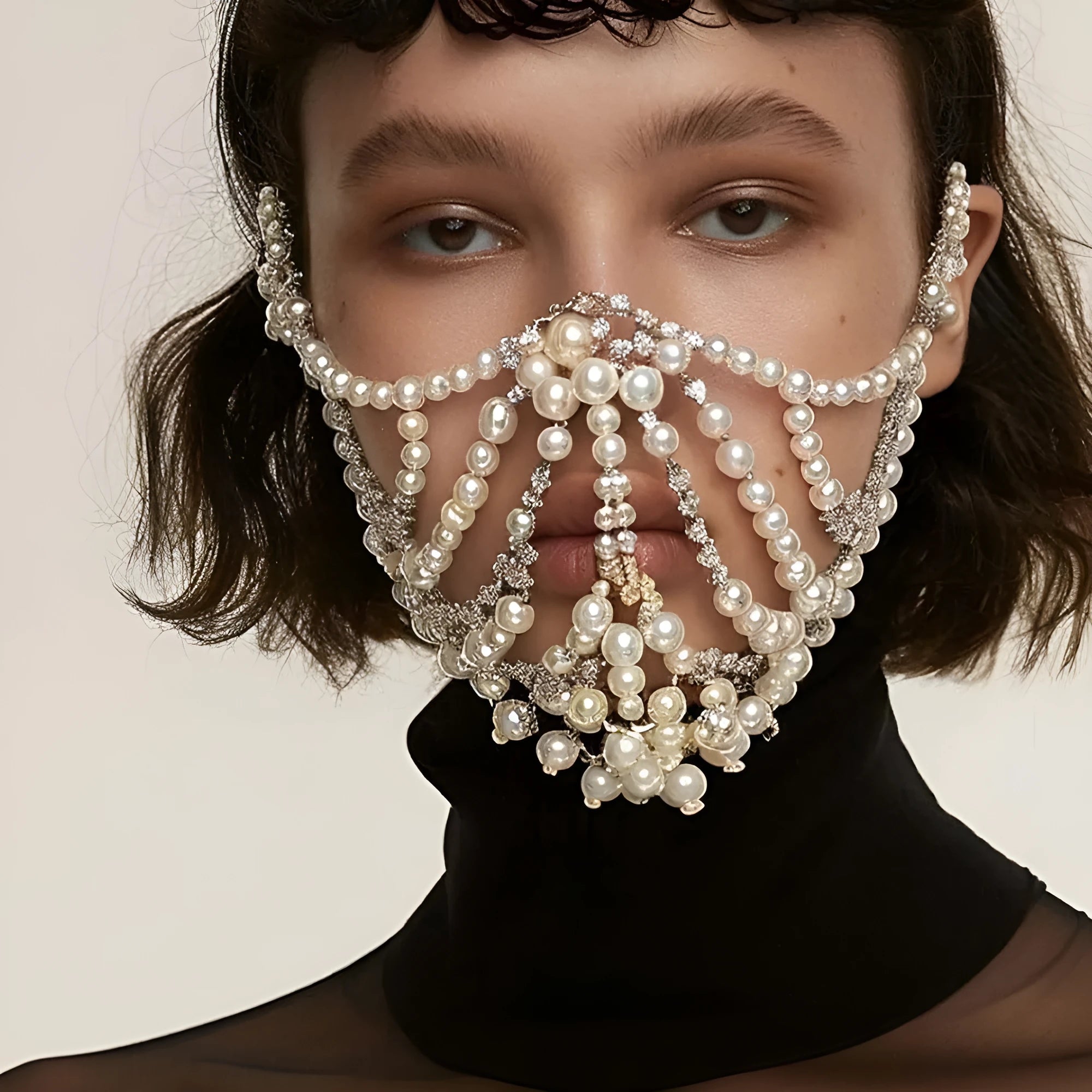 Geometric alloy face mask with rhinestone patchwork in silver electroplated finish