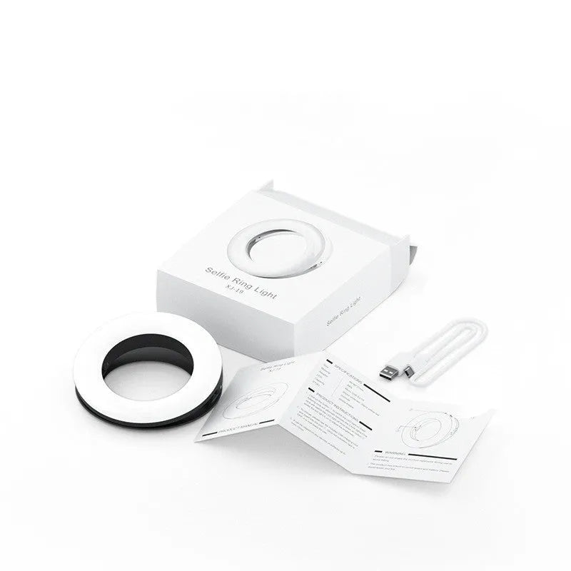 Compact black USB-rechargeable LED selfie ring light for mobile phones