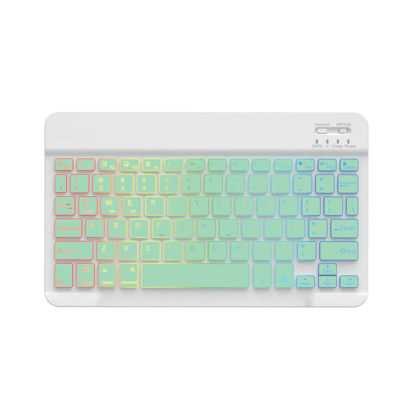 10-inch wireless Bluetooth keyboard with colourful backlit keys shown in a selection of case colours.