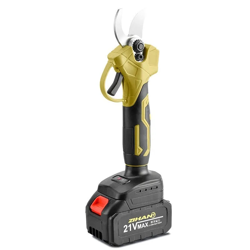 Cordless electric pruning shears with two lithium batteries and charger in a plastic storage case.