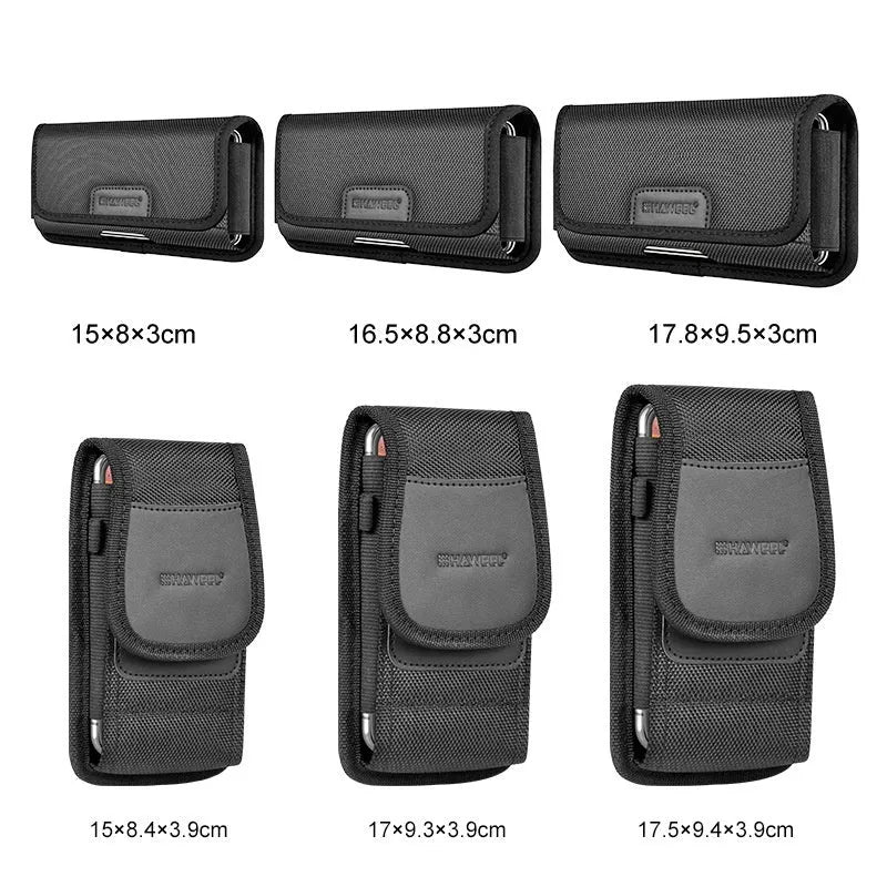 Men's multi-function nylon cloth belt slot waist bag for vertical and horizontal phones, breathable PU lining, solid colour