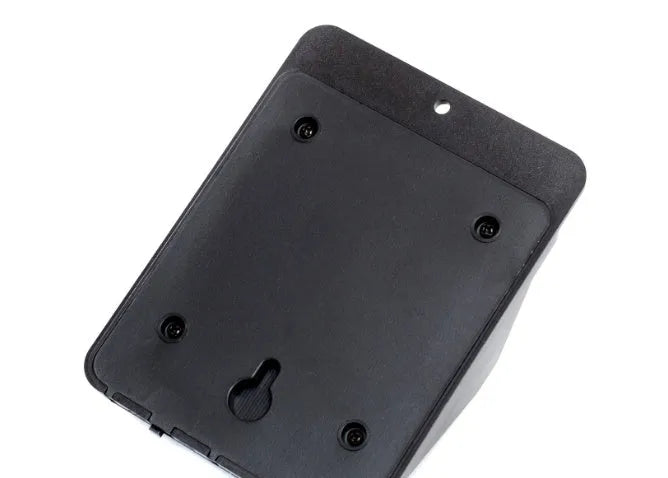 Black rectangular solar-powered outdoor motion sensor light with four LED bulbs.