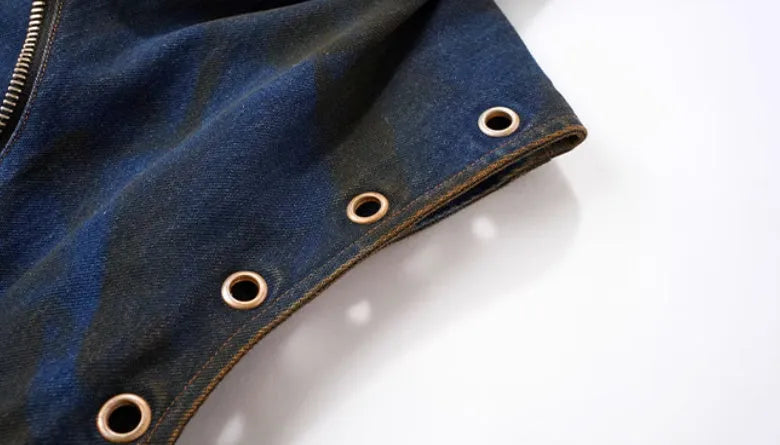 Blue hooded denim vest and matching trousers set with front zipper closure in Korean style