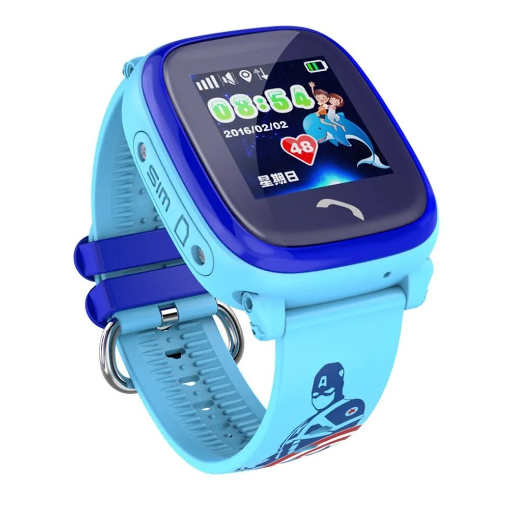 Blue children's waterproof smart watch with a silicone strap and touch screen display.