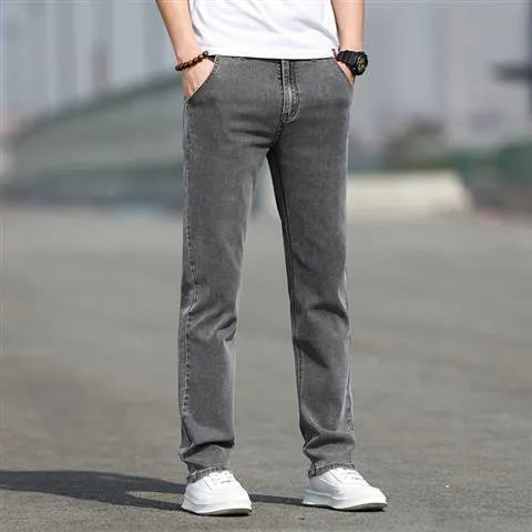 Men's smoky grey straight fit jeans with rabbit fur fabric and zipper fly front