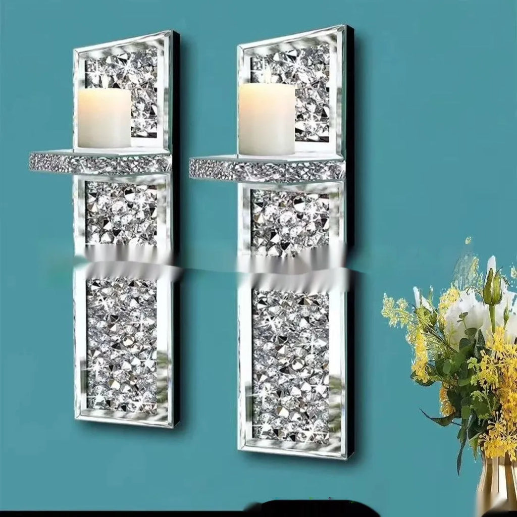 Pair of silver mirror glass candle holders for wall mounting at 10x11x38cm dimensions