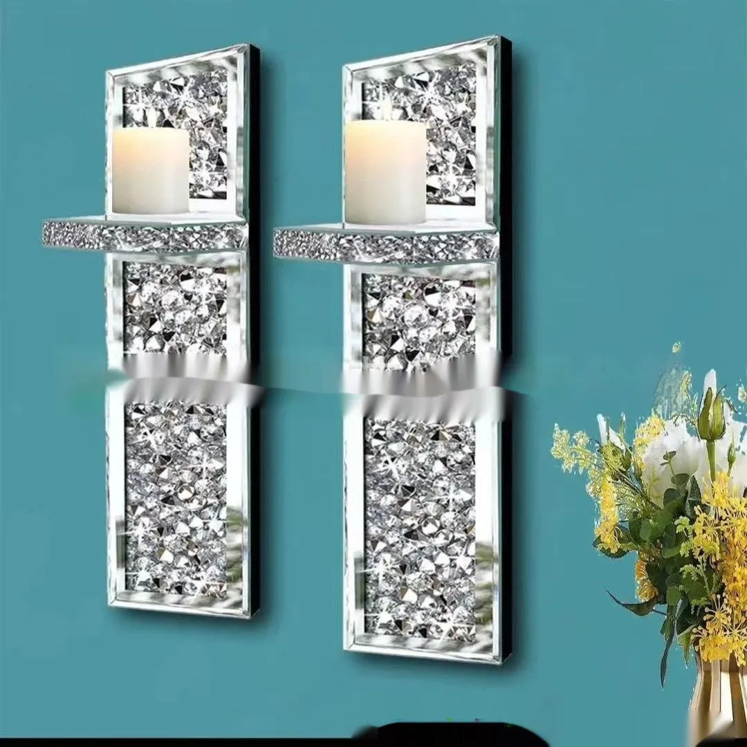 Pair of silver mirror glass candle holders for wall mounting at 10x11x38cm dimensions