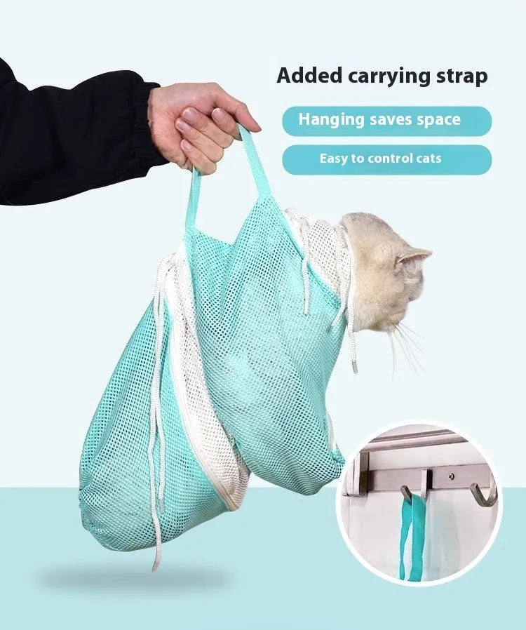 Cat grooming bag with detachable lifting feature in grey white, green white, or pink white colour options
