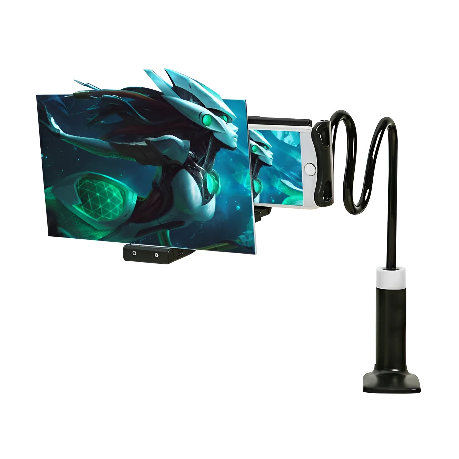 Black adjustable mobile phone stand with 12-inch acrylic screen amplifier display on 360-degree rotating bracket
