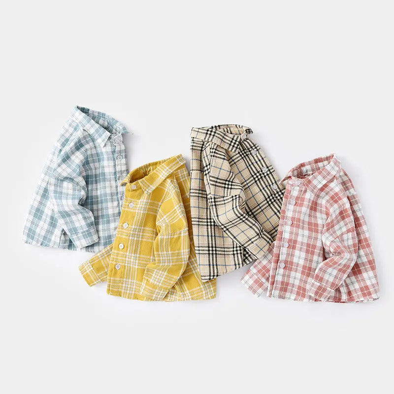 Boys' cotton lattice shirt with animal cartoon patterns in khaki, light blue, pink, and yellow colours