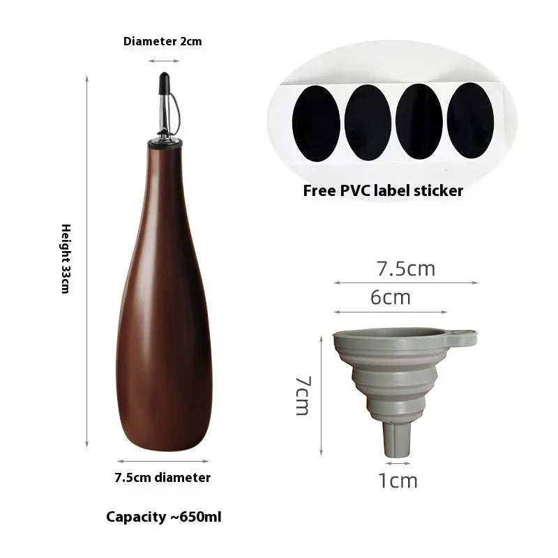 Ceramic kitchen oil pot with integrated funnel and brush in three colour options