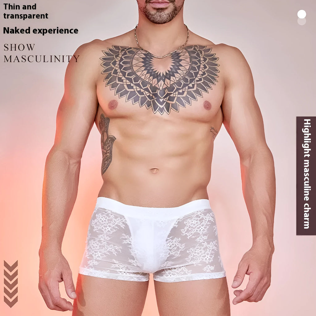 Nylon lace men's boxers in black, red, and white colours showing fashion personality design.