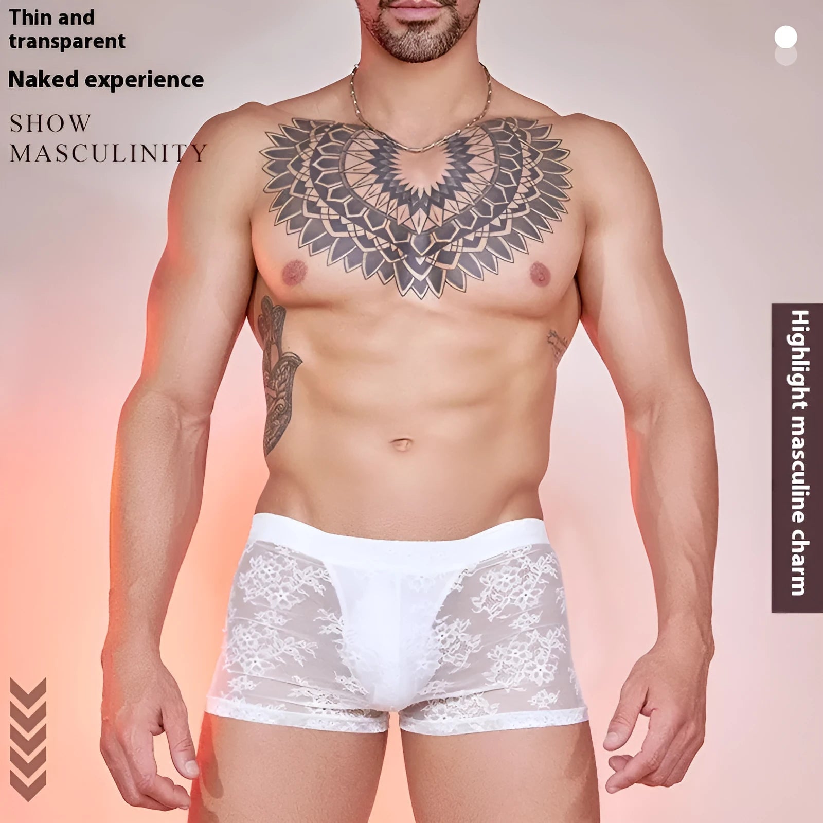 Nylon lace men's boxers in black, red, and white colours showing fashion personality design.