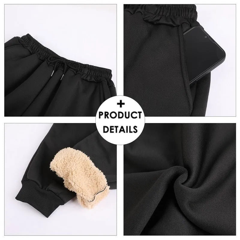 Black fleece lined straight leg trousers for men and women with drawstring waist, available in sizes M-5XL