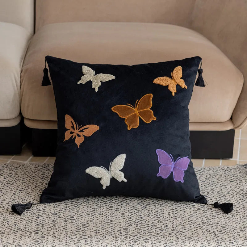 Butterfly embroidery Chinese style cushion 45x45cm in beige, black or purple