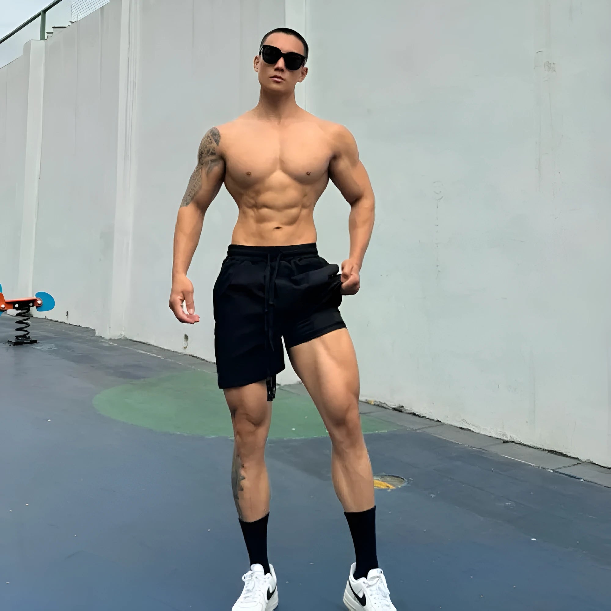 Men's quick-dry ice silk shorts in quarter-length design with double-layer construction
