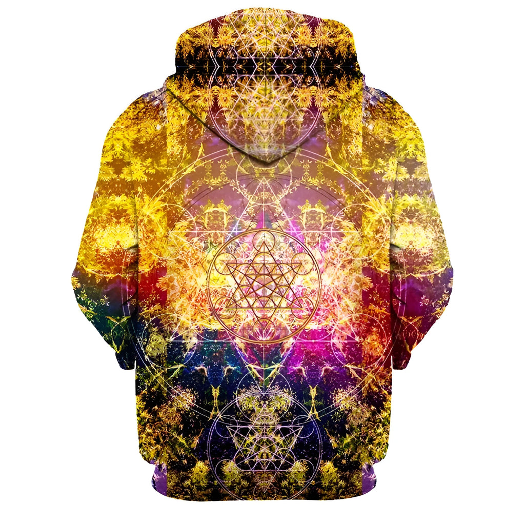 Psychedelic Pineal Metatron hoodie in polyester with Metatron Cube graphic on a plain background.