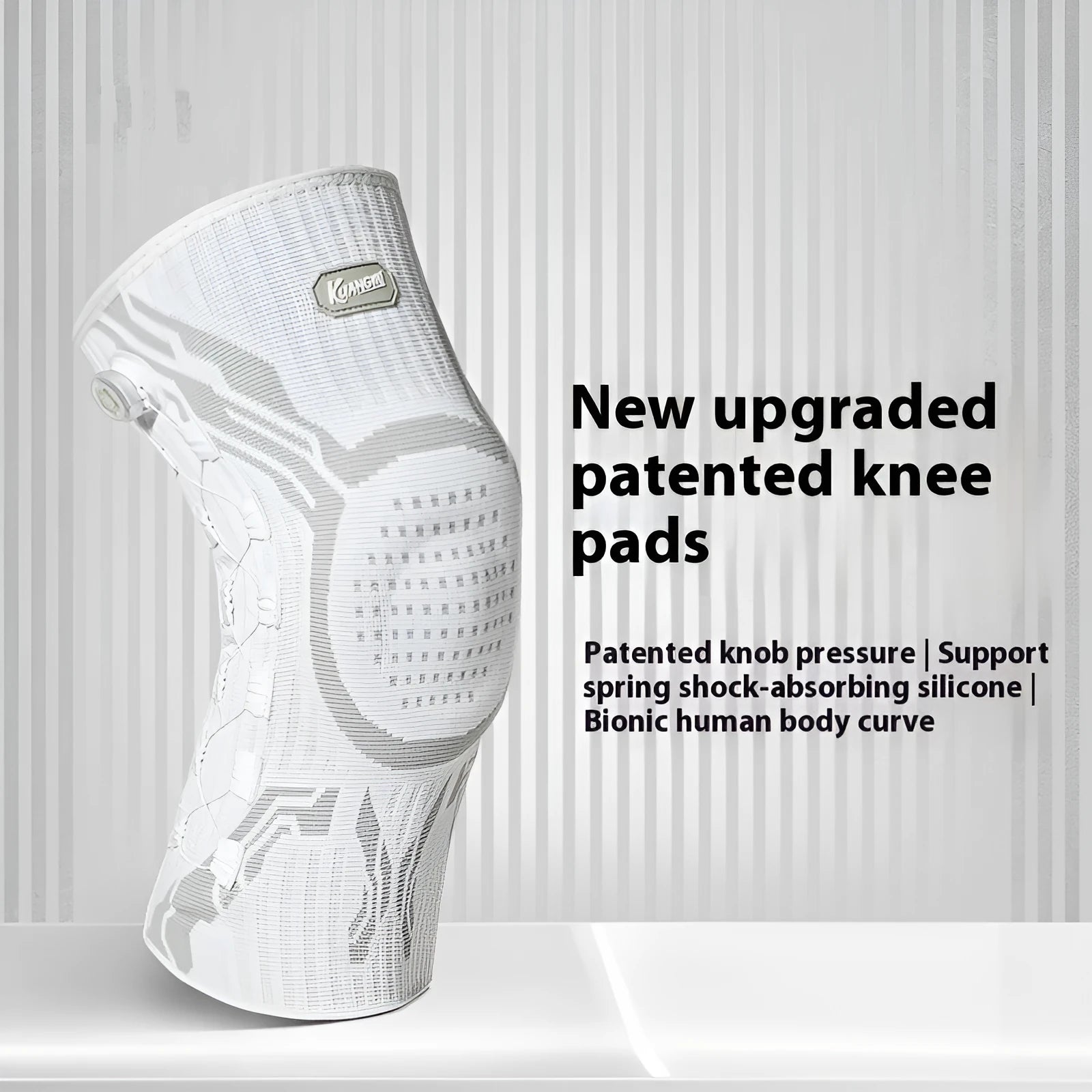 Grey white sports knee pad for left or right foot in adult sizing for basketball football running protection