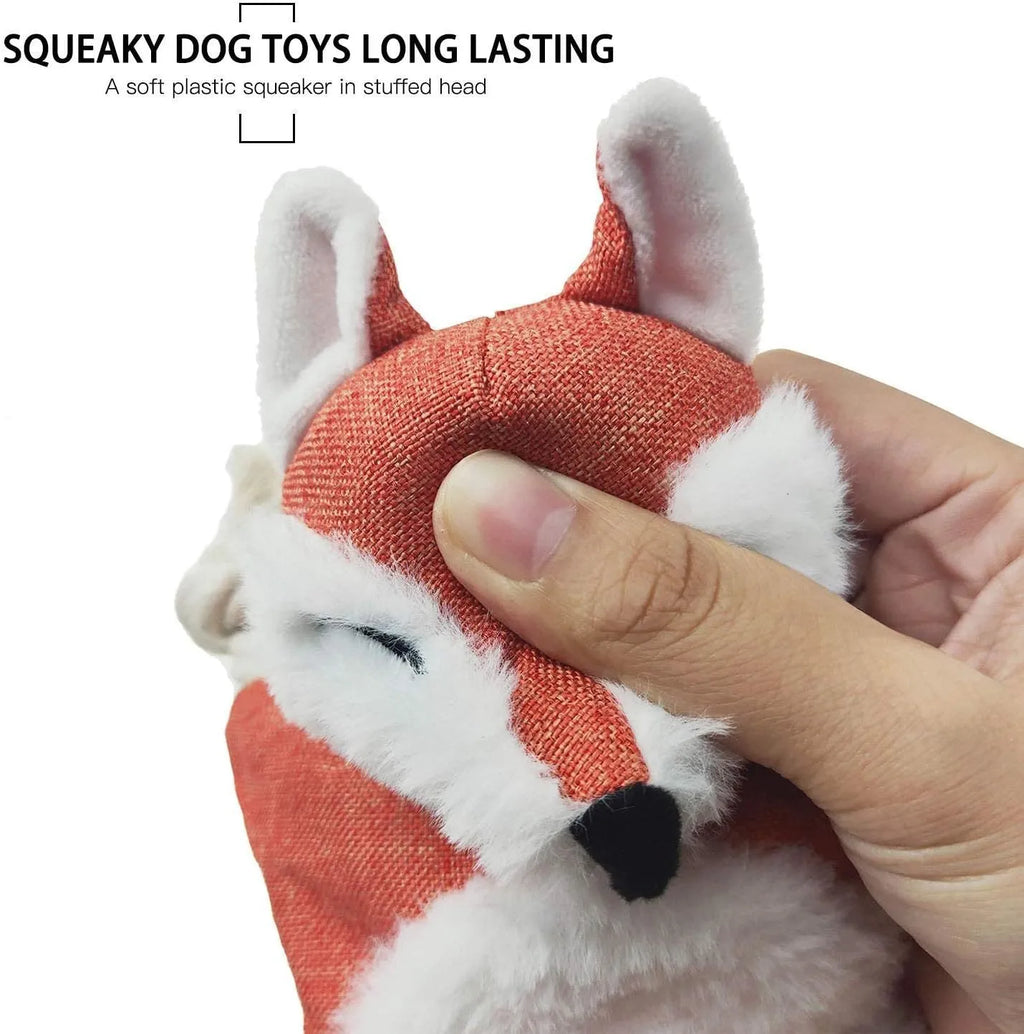 Brown plush fox dog toy with cotton rope limbs, embroidered eyes, and a squeaker.